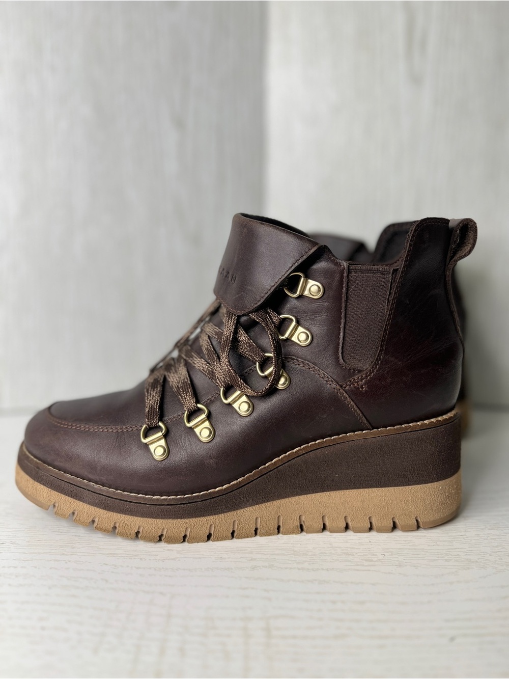 Cole Haan Brown Zerogrand Leather Wedge Lace-Up Ankle waterproof Boots